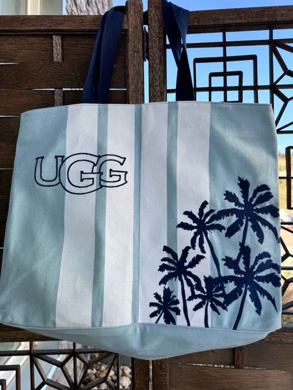 UGG Striped Canvas Tote with Navy Palm Tree Embroidery - Light Blue & White